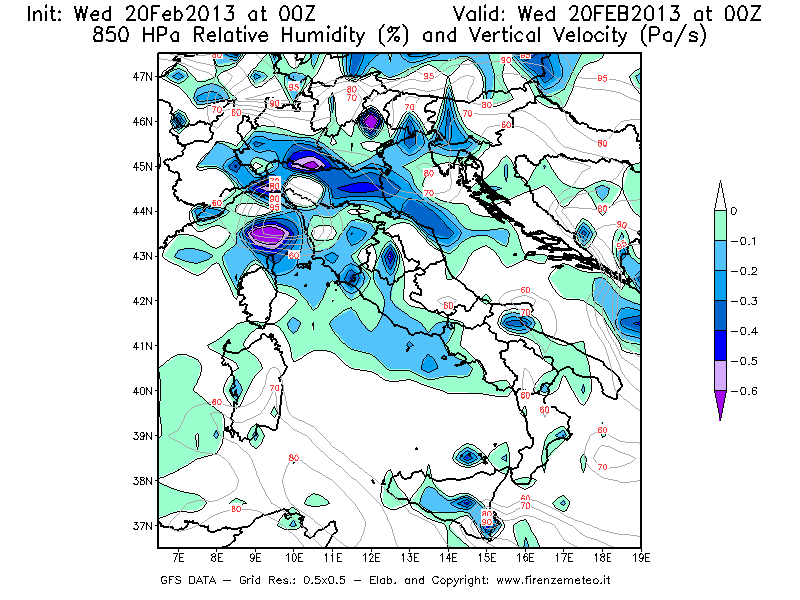 Mappa di analisi GFS - Umidità relativa [%] e Omega [Pa/s] a 850 hPa in Italia
									del 20/02/2013 00 <!--googleoff: index-->UTC<!--googleon: index-->
