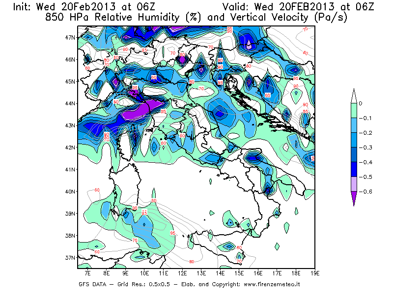 Mappa di analisi GFS - Umidità relativa [%] e Omega [Pa/s] a 850 hPa in Italia
									del 20/02/2013 06 <!--googleoff: index-->UTC<!--googleon: index-->