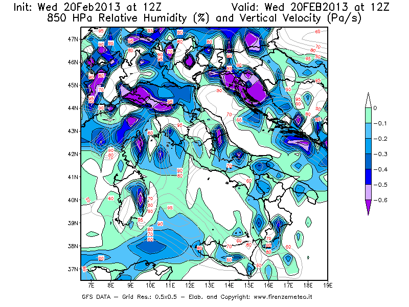 Mappa di analisi GFS - Umidità relativa [%] e Omega [Pa/s] a 850 hPa in Italia
									del 20/02/2013 12 <!--googleoff: index-->UTC<!--googleon: index-->