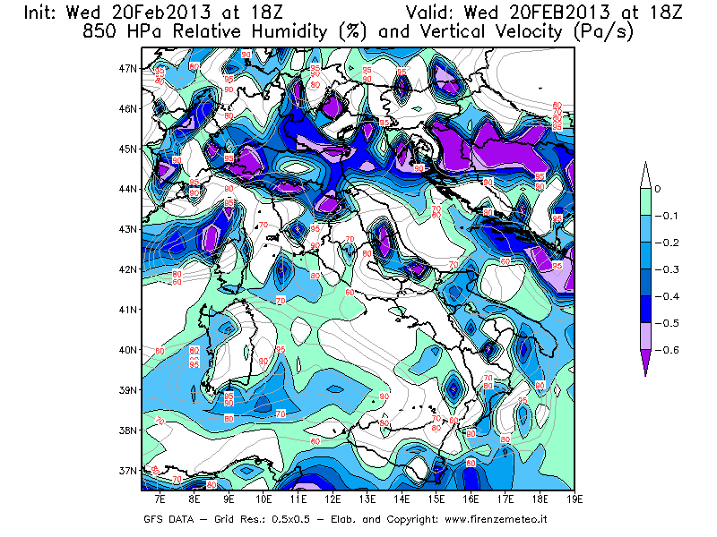 Mappa di analisi GFS - Umidità relativa [%] e Omega [Pa/s] a 850 hPa in Italia
									del 20/02/2013 18 <!--googleoff: index-->UTC<!--googleon: index-->