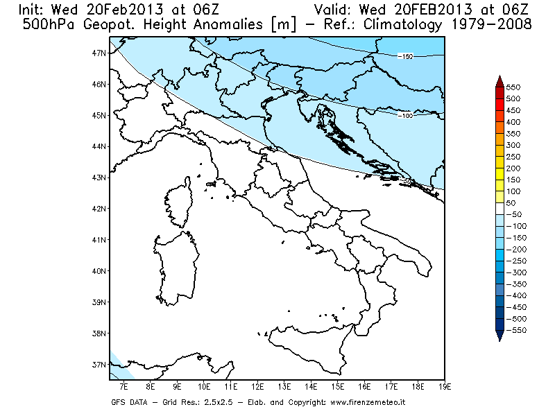 Mappa di analisi GFS - Anomalia di Geopotenziale a 500 hPa in Italia
									del 20/02/2013 06 <!--googleoff: index-->UTC<!--googleon: index-->