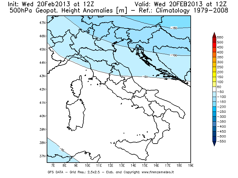 Mappa di analisi GFS - Anomalia di Geopotenziale a 500 hPa in Italia
									del 20/02/2013 12 <!--googleoff: index-->UTC<!--googleon: index-->