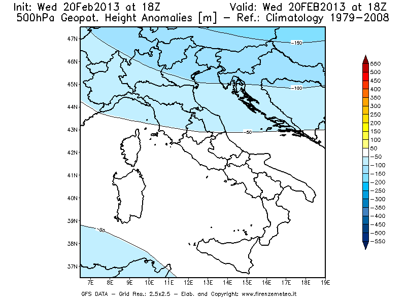 Mappa di analisi GFS - Anomalia di Geopotenziale a 500 hPa in Italia
									del 20/02/2013 18 <!--googleoff: index-->UTC<!--googleon: index-->