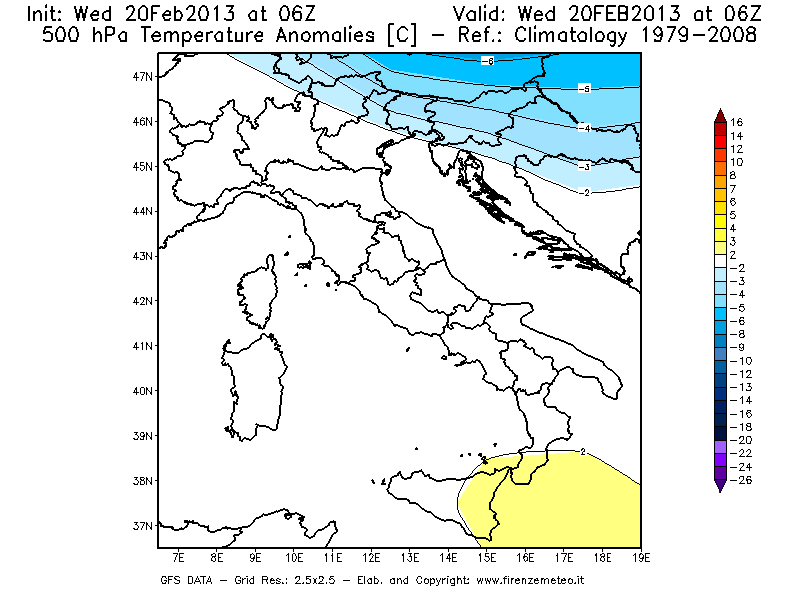 Mappa di analisi GFS - Anomalia Temperatura [°C] a 500 hPa in Italia
									del 20/02/2013 06 <!--googleoff: index-->UTC<!--googleon: index-->