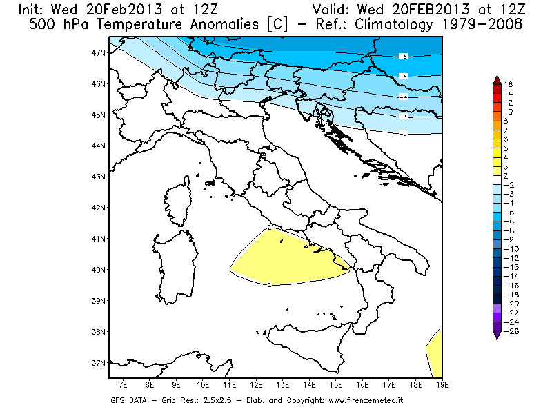 Mappa di analisi GFS - Anomalia Temperatura [°C] a 500 hPa in Italia
									del 20/02/2013 12 <!--googleoff: index-->UTC<!--googleon: index-->