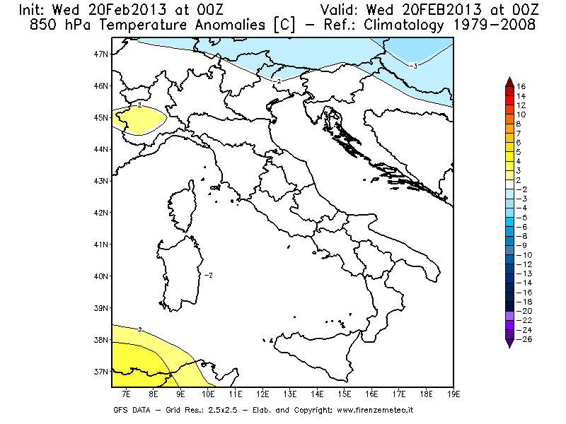 Mappa di analisi GFS - Anomalia Temperatura [°C] a 850 hPa in Italia
									del 20/02/2013 00 <!--googleoff: index-->UTC<!--googleon: index-->