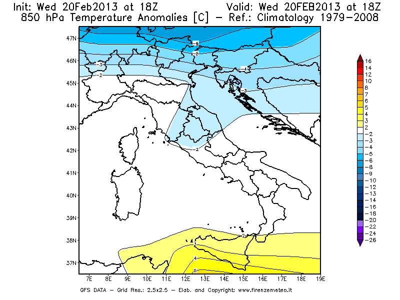 Mappa di analisi GFS - Anomalia Temperatura [°C] a 850 hPa in Italia
									del 20/02/2013 18 <!--googleoff: index-->UTC<!--googleon: index-->