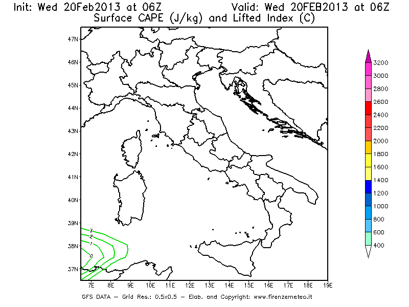 Mappa di analisi GFS - CAPE [J/kg] e Lifted Index [°C] in Italia
									del 20/02/2013 06 <!--googleoff: index-->UTC<!--googleon: index-->