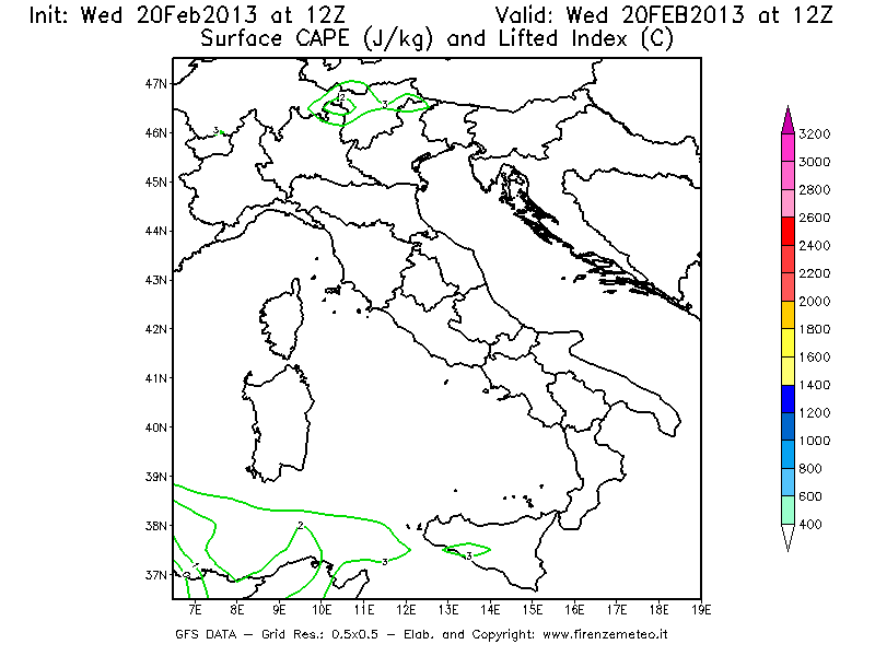 Mappa di analisi GFS - CAPE [J/kg] e Lifted Index [°C] in Italia
									del 20/02/2013 12 <!--googleoff: index-->UTC<!--googleon: index-->