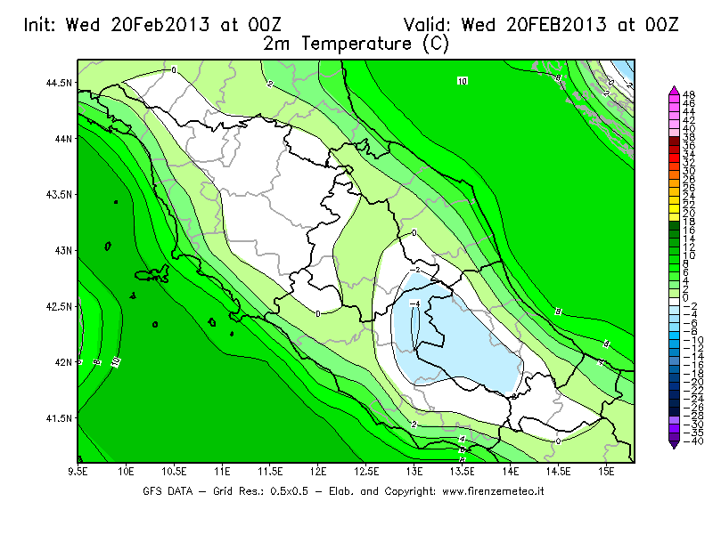 Mappa di analisi GFS - Temperatura a 2 metri dal suolo [°C] in Centro-Italia
									del 20/02/2013 00 <!--googleoff: index-->UTC<!--googleon: index-->