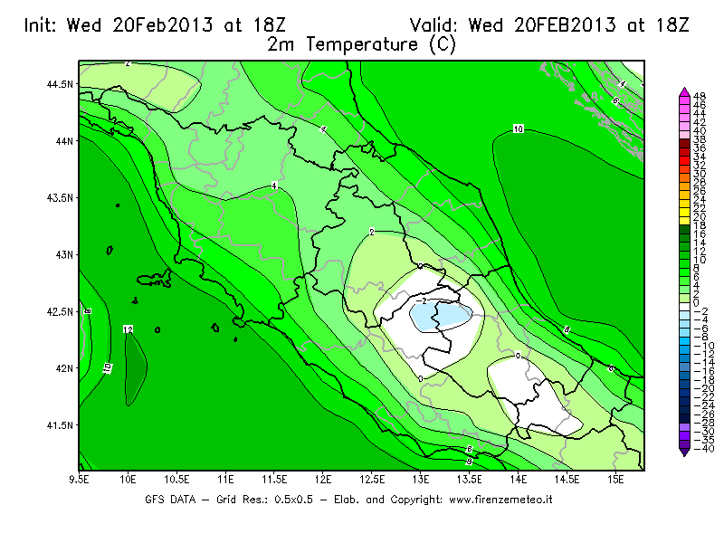 Mappa di analisi GFS - Temperatura a 2 metri dal suolo [°C] in Centro-Italia
									del 20/02/2013 18 <!--googleoff: index-->UTC<!--googleon: index-->