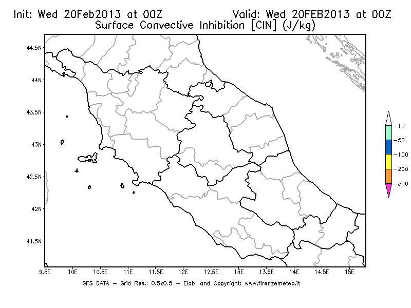 Mappa di analisi GFS - CIN [J/kg] in Centro-Italia
									del 20/02/2013 00 <!--googleoff: index-->UTC<!--googleon: index-->
