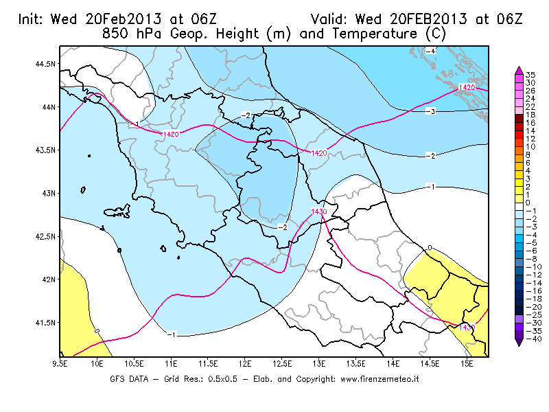 Mappa di analisi GFS - Geopotenziale [m] e Temperatura [°C] a 850 hPa in Centro-Italia
									del 20/02/2013 06 <!--googleoff: index-->UTC<!--googleon: index-->