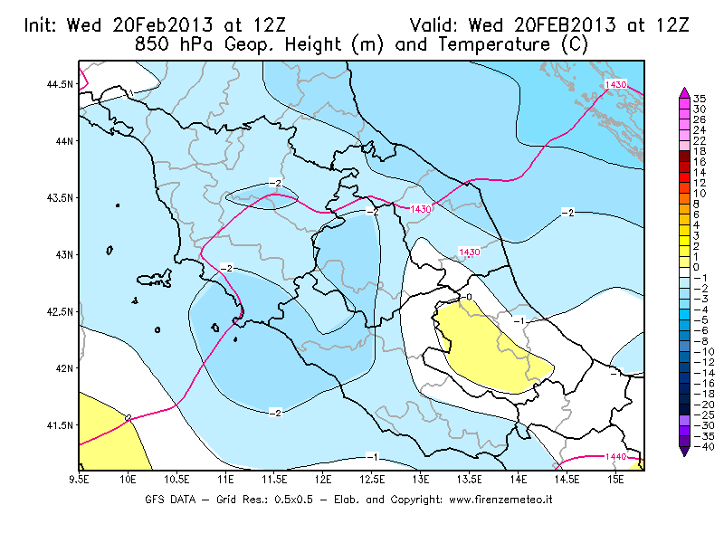 Mappa di analisi GFS - Geopotenziale [m] e Temperatura [°C] a 850 hPa in Centro-Italia
									del 20/02/2013 12 <!--googleoff: index-->UTC<!--googleon: index-->