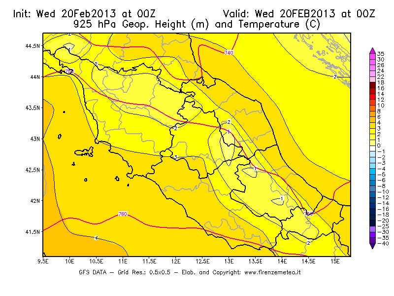 Mappa di analisi GFS - Geopotenziale [m] e Temperatura [°C] a 925 hPa in Centro-Italia
									del 20/02/2013 00 <!--googleoff: index-->UTC<!--googleon: index-->