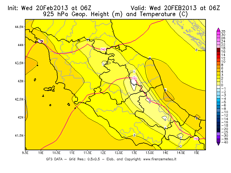 Mappa di analisi GFS - Geopotenziale [m] e Temperatura [°C] a 925 hPa in Centro-Italia
									del 20/02/2013 06 <!--googleoff: index-->UTC<!--googleon: index-->