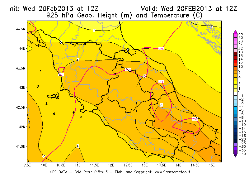 Mappa di analisi GFS - Geopotenziale [m] e Temperatura [°C] a 925 hPa in Centro-Italia
									del 20/02/2013 12 <!--googleoff: index-->UTC<!--googleon: index-->
