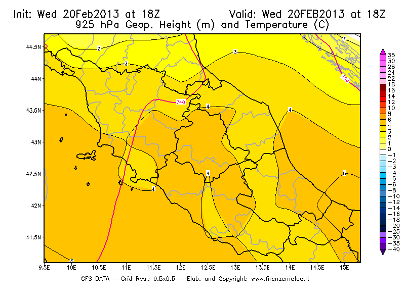 Mappa di analisi GFS - Geopotenziale [m] e Temperatura [°C] a 925 hPa in Centro-Italia
									del 20/02/2013 18 <!--googleoff: index-->UTC<!--googleon: index-->