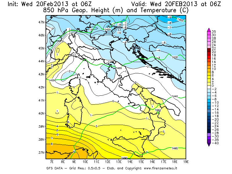 Mappa di analisi GFS - Geopotenziale [m] e Temperatura [°C] a 850 hPa in Italia
									del 20/02/2013 06 <!--googleoff: index-->UTC<!--googleon: index-->