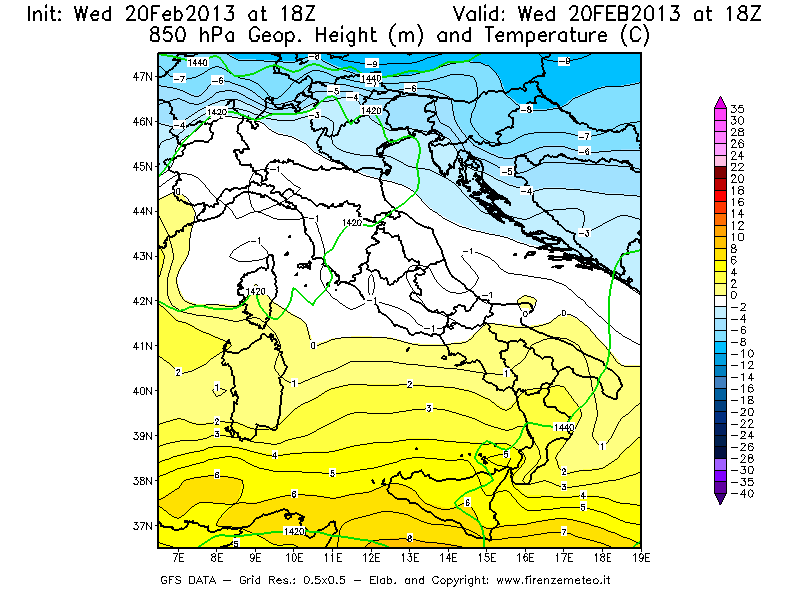 Mappa di analisi GFS - Geopotenziale [m] e Temperatura [°C] a 850 hPa in Italia
									del 20/02/2013 18 <!--googleoff: index-->UTC<!--googleon: index-->
