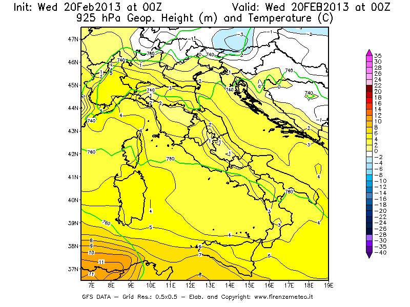 Mappa di analisi GFS - Geopotenziale [m] e Temperatura [°C] a 925 hPa in Italia
									del 20/02/2013 00 <!--googleoff: index-->UTC<!--googleon: index-->