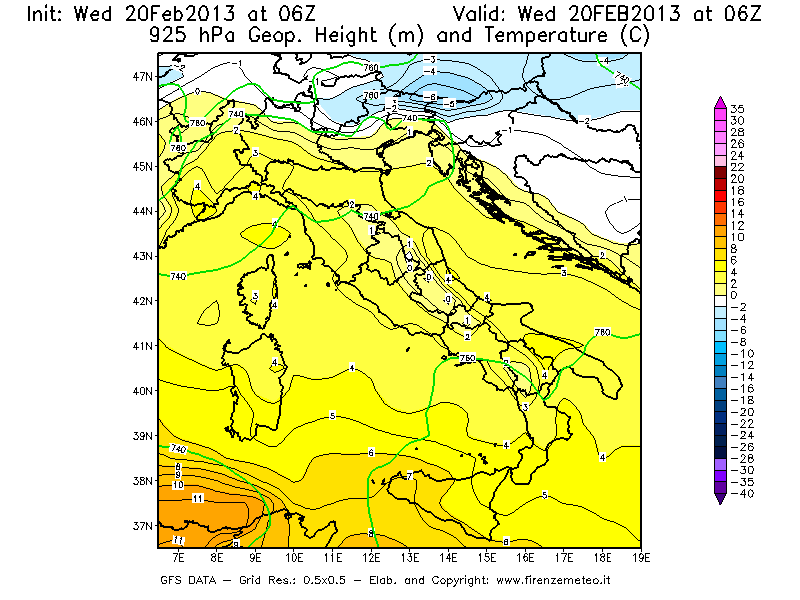 Mappa di analisi GFS - Geopotenziale [m] e Temperatura [°C] a 925 hPa in Italia
									del 20/02/2013 06 <!--googleoff: index-->UTC<!--googleon: index-->