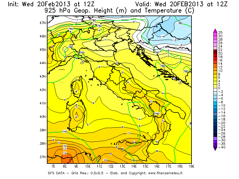 Mappa di analisi GFS - Geopotenziale [m] e Temperatura [°C] a 925 hPa in Italia
									del 20/02/2013 12 <!--googleoff: index-->UTC<!--googleon: index-->