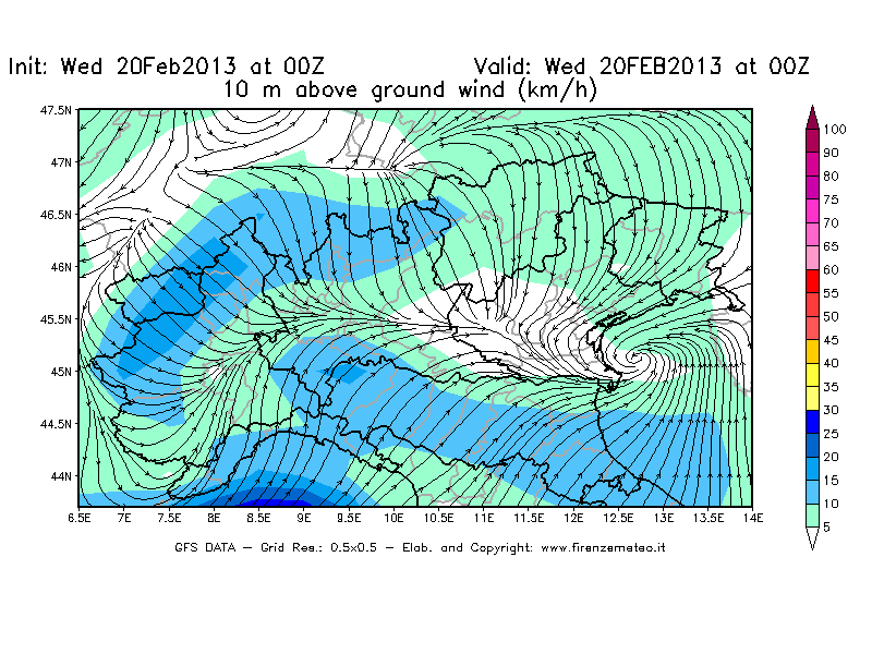 Mappa di analisi GFS - Velocità del vento a 10 metri dal suolo [km/h] in Nord-Italia
									del 20/02/2013 00 <!--googleoff: index-->UTC<!--googleon: index-->