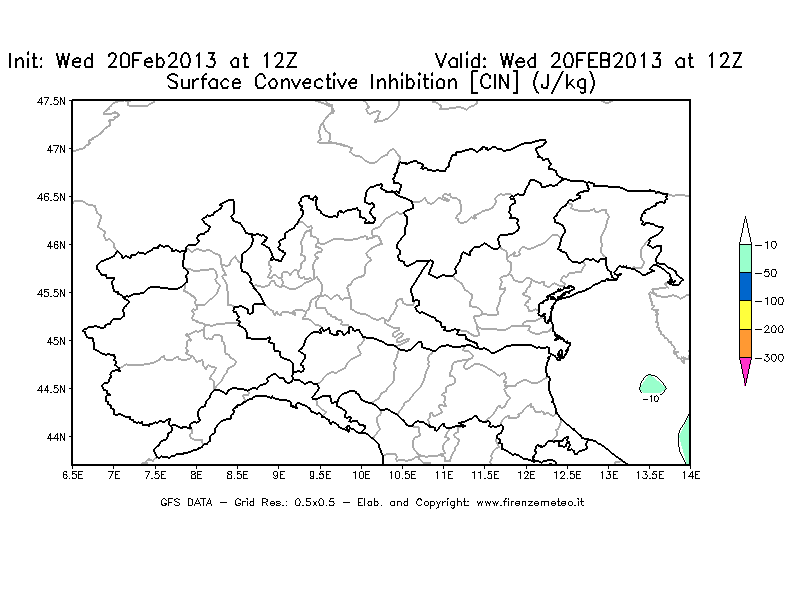 Mappa di analisi GFS - CIN [J/kg] in Nord-Italia
									del 20/02/2013 12 <!--googleoff: index-->UTC<!--googleon: index-->
