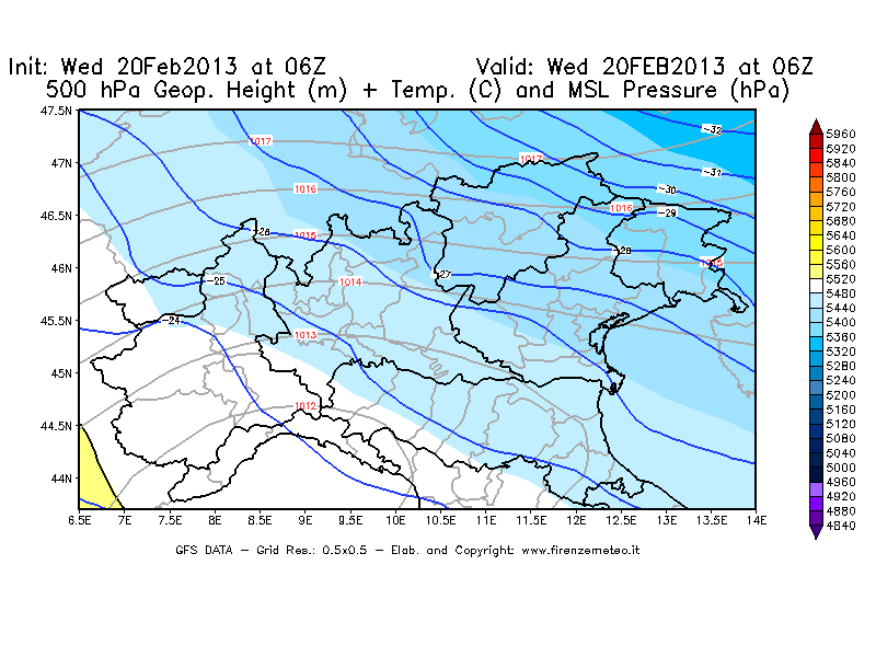 Mappa di analisi GFS - Geopotenziale [m] + Temp. [°C] a 500 hPa + Press. a livello del mare [hPa] in Nord-Italia
									del 20/02/2013 06 <!--googleoff: index-->UTC<!--googleon: index-->