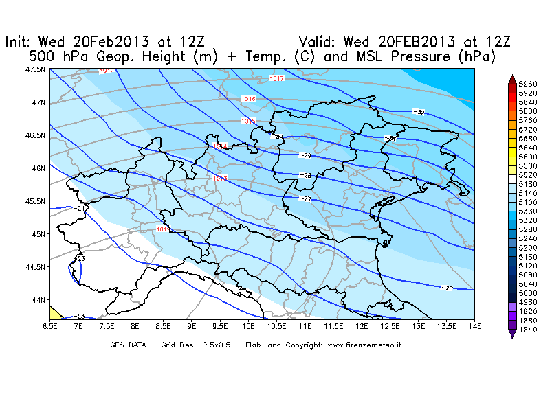 Mappa di analisi GFS - Geopotenziale [m] + Temp. [°C] a 500 hPa + Press. a livello del mare [hPa] in Nord-Italia
									del 20/02/2013 12 <!--googleoff: index-->UTC<!--googleon: index-->