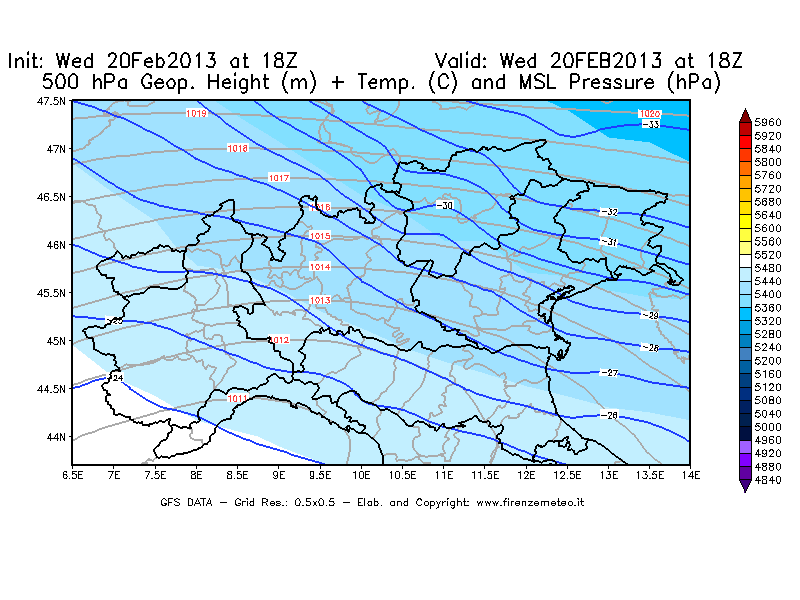 Mappa di analisi GFS - Geopotenziale [m] + Temp. [°C] a 500 hPa + Press. a livello del mare [hPa] in Nord-Italia
									del 20/02/2013 18 <!--googleoff: index-->UTC<!--googleon: index-->