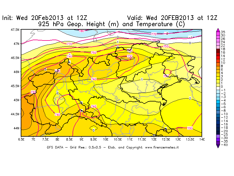 Mappa di analisi GFS - Geopotenziale [m] e Temperatura [°C] a 925 hPa in Nord-Italia
									del 20/02/2013 12 <!--googleoff: index-->UTC<!--googleon: index-->
