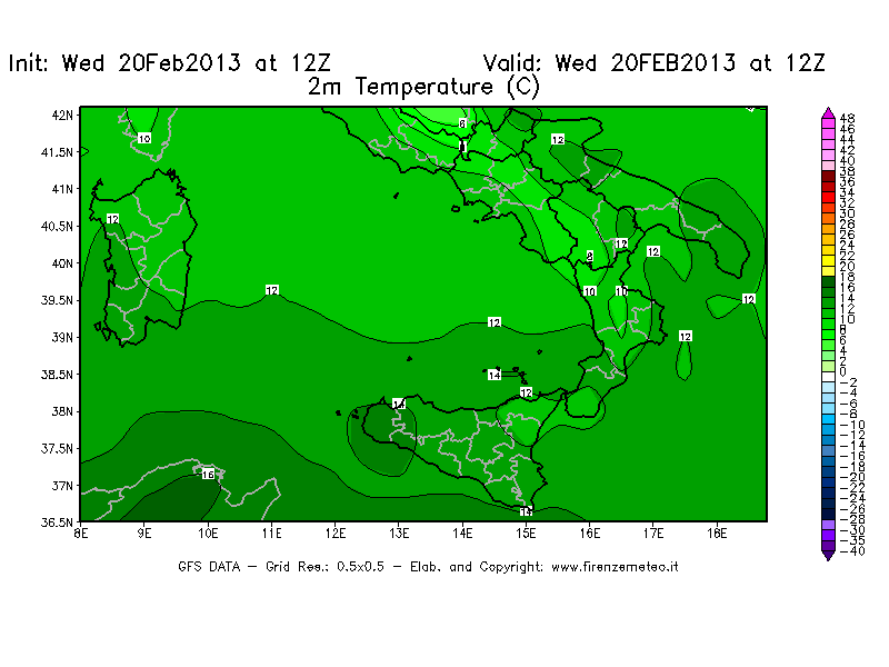 Mappa di analisi GFS - Temperatura a 2 metri dal suolo [°C] in Sud-Italia
									del 20/02/2013 12 <!--googleoff: index-->UTC<!--googleon: index-->