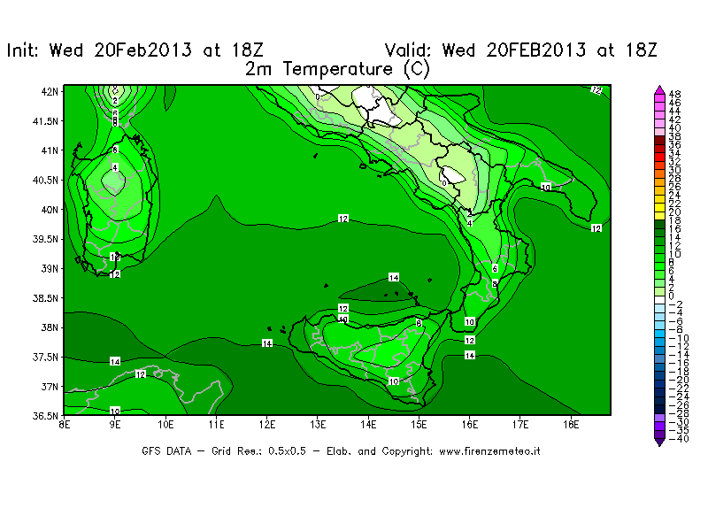 Mappa di analisi GFS - Temperatura a 2 metri dal suolo [°C] in Sud-Italia
									del 20/02/2013 18 <!--googleoff: index-->UTC<!--googleon: index-->