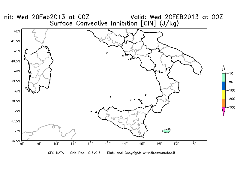 Mappa di analisi GFS - CIN [J/kg] in Sud-Italia
									del 20/02/2013 00 <!--googleoff: index-->UTC<!--googleon: index-->