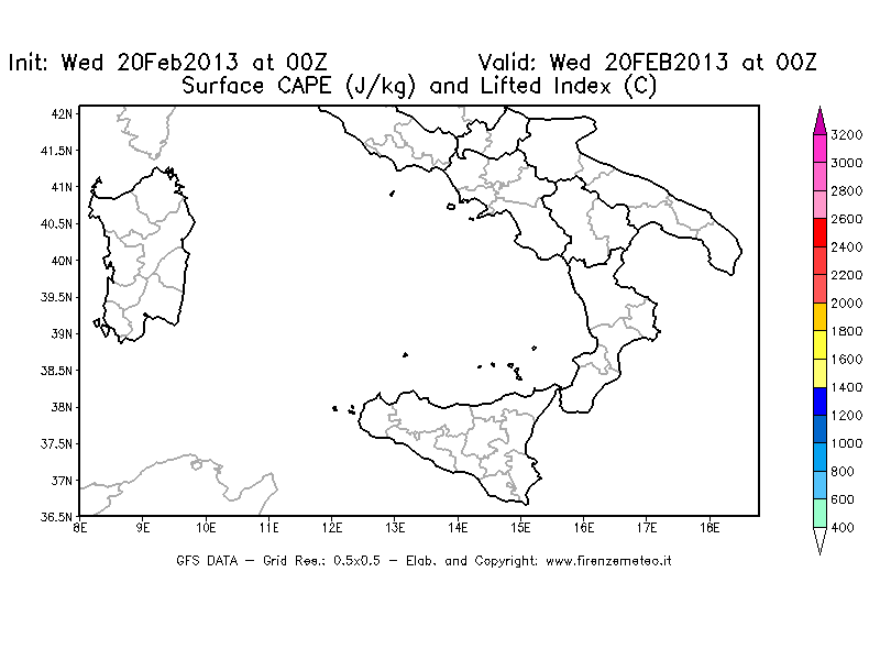 Mappa di analisi GFS - CAPE [J/kg] e Lifted Index [°C] in Sud-Italia
									del 20/02/2013 00 <!--googleoff: index-->UTC<!--googleon: index-->