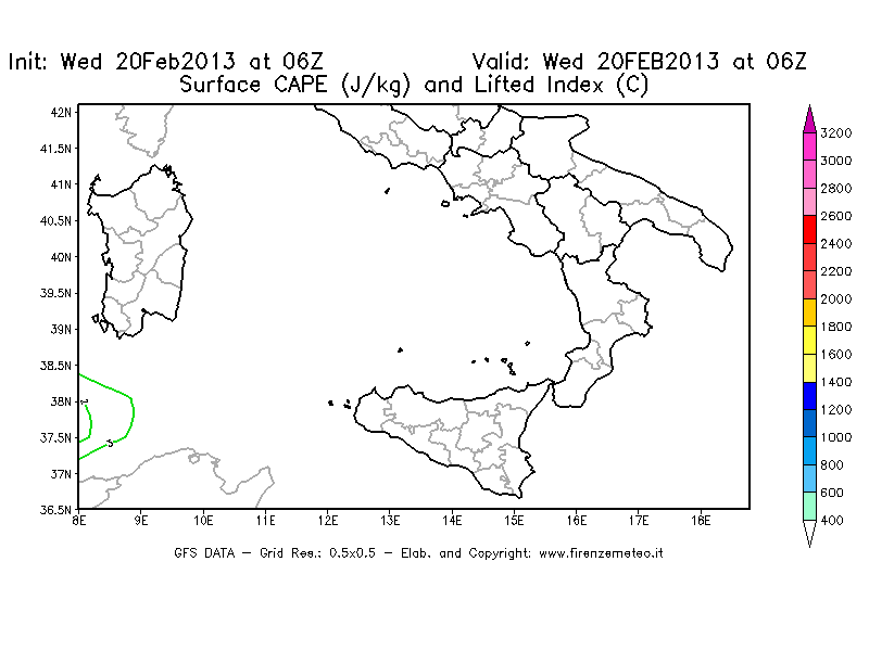 Mappa di analisi GFS - CAPE [J/kg] e Lifted Index [°C] in Sud-Italia
									del 20/02/2013 06 <!--googleoff: index-->UTC<!--googleon: index-->