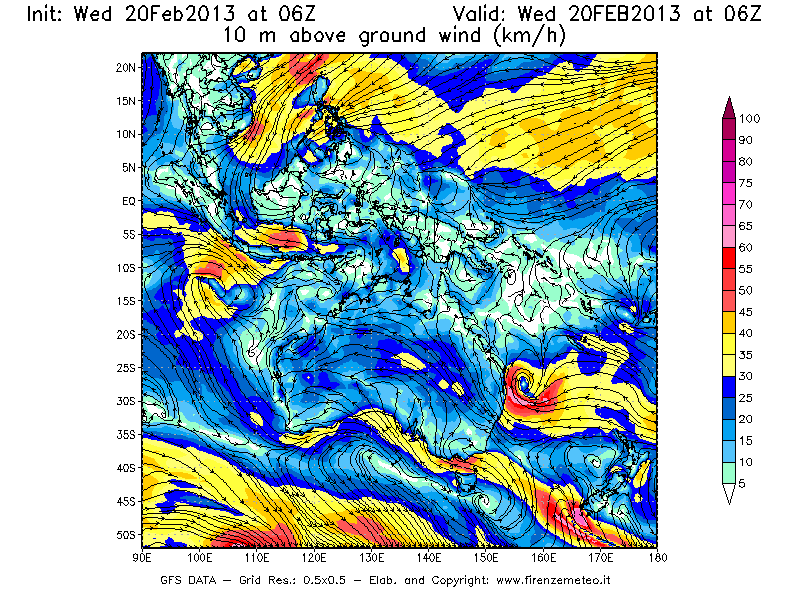 Mappa di analisi GFS - Velocità del vento a 10 metri dal suolo [km/h] in Oceania
									del 20/02/2013 06 <!--googleoff: index-->UTC<!--googleon: index-->