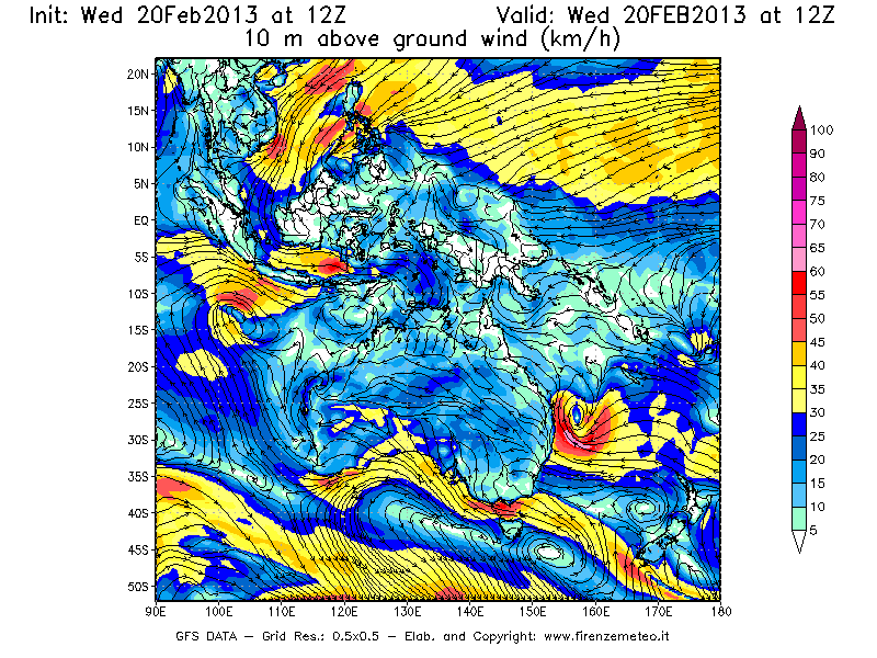 Mappa di analisi GFS - Velocità del vento a 10 metri dal suolo [km/h] in Oceania
									del 20/02/2013 12 <!--googleoff: index-->UTC<!--googleon: index-->