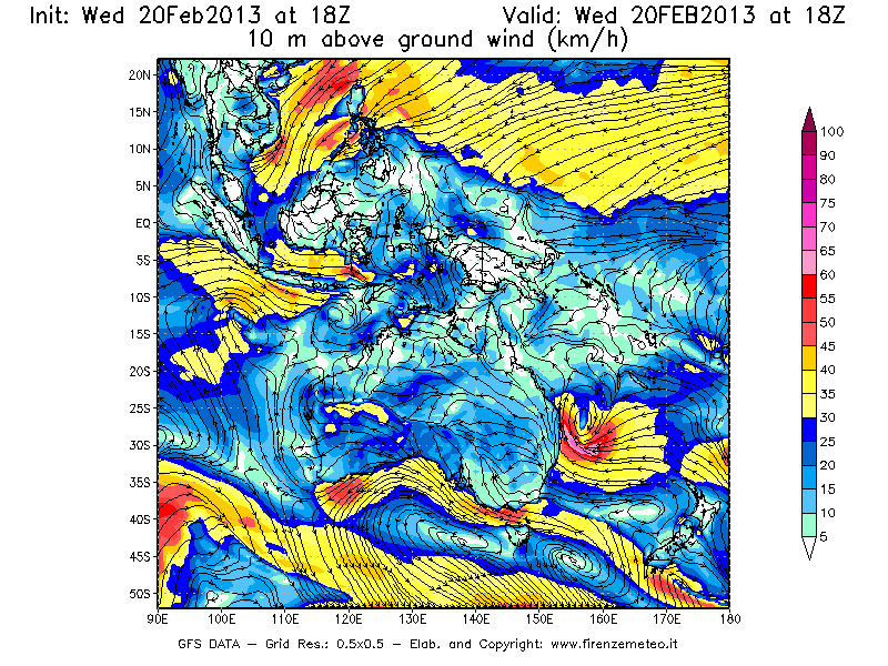 Mappa di analisi GFS - Velocità del vento a 10 metri dal suolo [km/h] in Oceania
									del 20/02/2013 18 <!--googleoff: index-->UTC<!--googleon: index-->