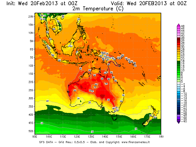 Mappa di analisi GFS - Temperatura a 2 metri dal suolo [°C] in Oceania
									del 20/02/2013 00 <!--googleoff: index-->UTC<!--googleon: index-->