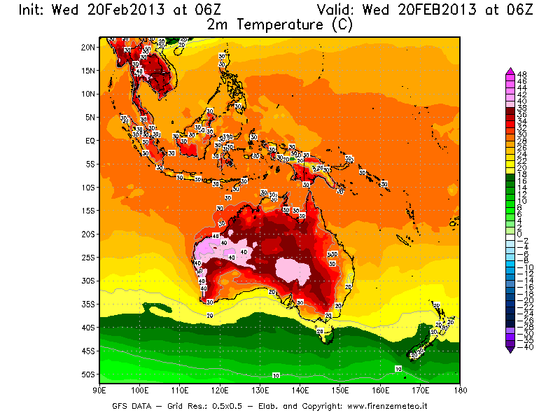Mappa di analisi GFS - Temperatura a 2 metri dal suolo [°C] in Oceania
									del 20/02/2013 06 <!--googleoff: index-->UTC<!--googleon: index-->