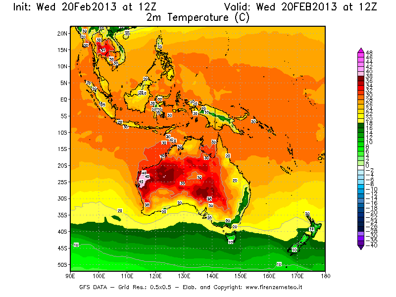 Mappa di analisi GFS - Temperatura a 2 metri dal suolo [°C] in Oceania
									del 20/02/2013 12 <!--googleoff: index-->UTC<!--googleon: index-->