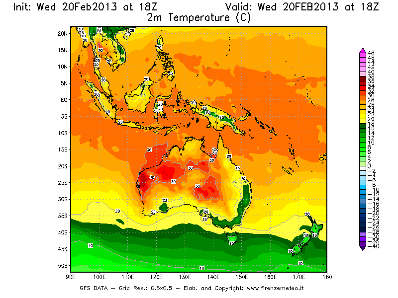 Mappa di analisi GFS - Temperatura a 2 metri dal suolo [°C] in Oceania
									del 20/02/2013 18 <!--googleoff: index-->UTC<!--googleon: index-->