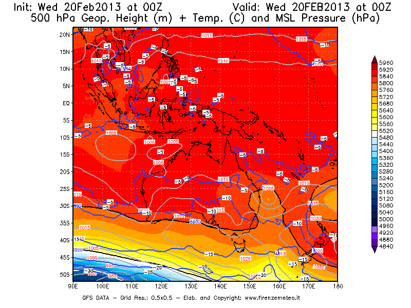 Mappa di analisi GFS - Geopotenziale [m] + Temp. [°C] a 500 hPa + Press. a livello del mare [hPa] in Oceania
									del 20/02/2013 00 <!--googleoff: index-->UTC<!--googleon: index-->
