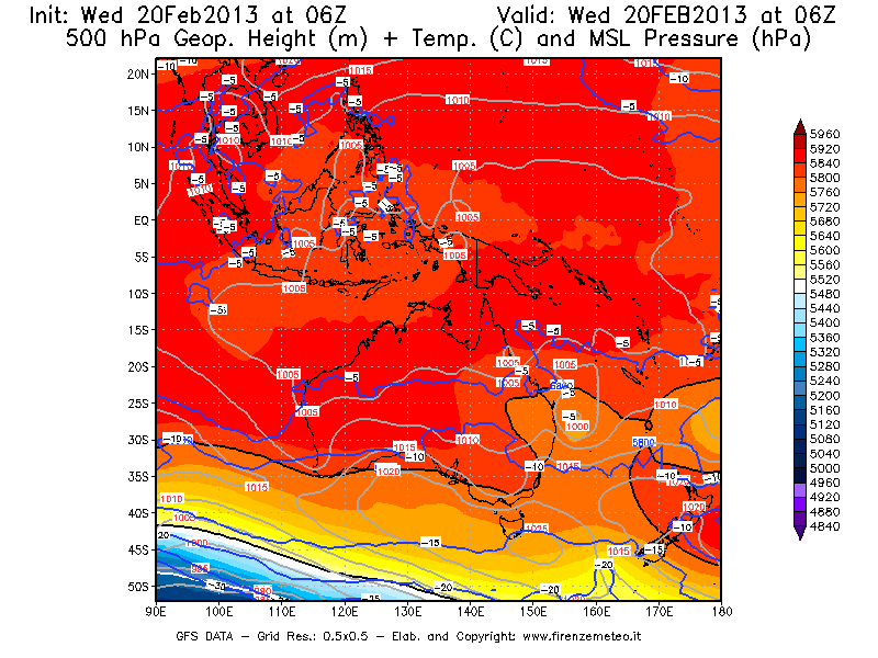 Mappa di analisi GFS - Geopotenziale [m] + Temp. [°C] a 500 hPa + Press. a livello del mare [hPa] in Oceania
									del 20/02/2013 06 <!--googleoff: index-->UTC<!--googleon: index-->
