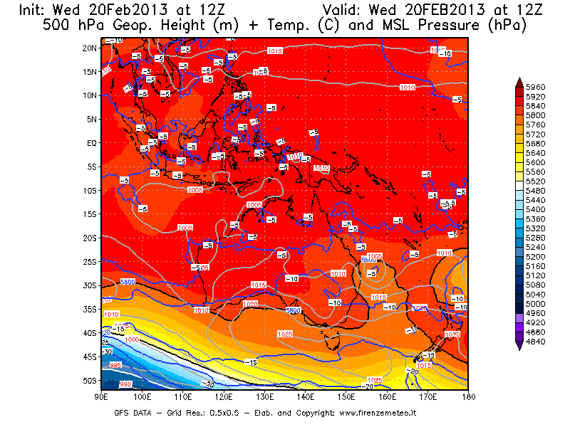 Mappa di analisi GFS - Geopotenziale [m] + Temp. [°C] a 500 hPa + Press. a livello del mare [hPa] in Oceania
									del 20/02/2013 12 <!--googleoff: index-->UTC<!--googleon: index-->