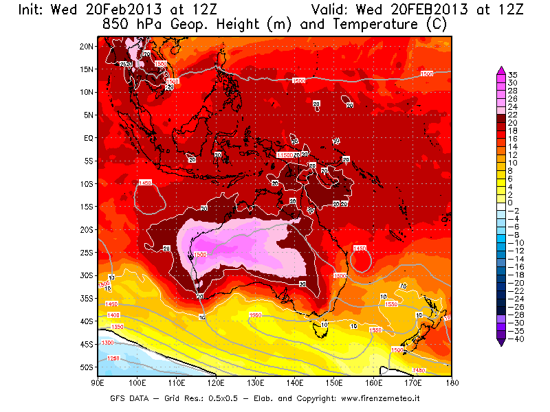Mappa di analisi GFS - Geopotenziale [m] e Temperatura [°C] a 850 hPa in Oceania
									del 20/02/2013 12 <!--googleoff: index-->UTC<!--googleon: index-->