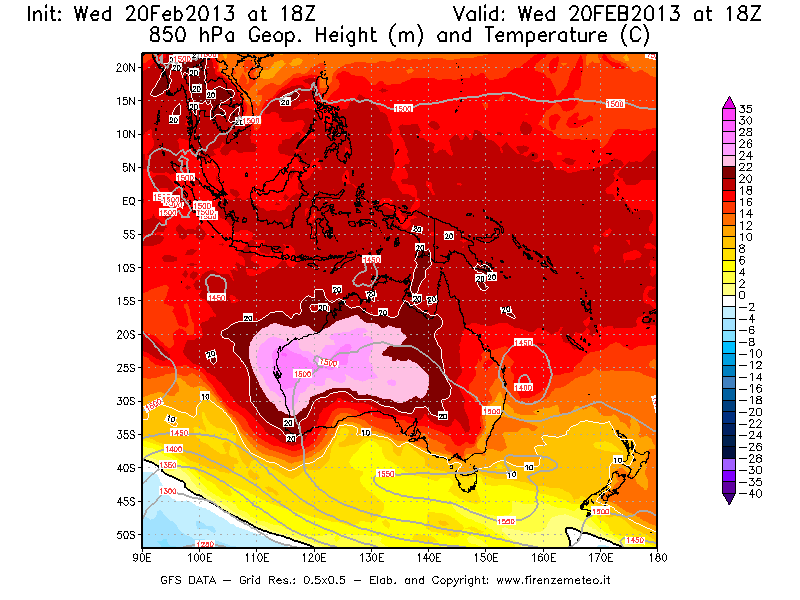 Mappa di analisi GFS - Geopotenziale [m] e Temperatura [°C] a 850 hPa in Oceania
									del 20/02/2013 18 <!--googleoff: index-->UTC<!--googleon: index-->
